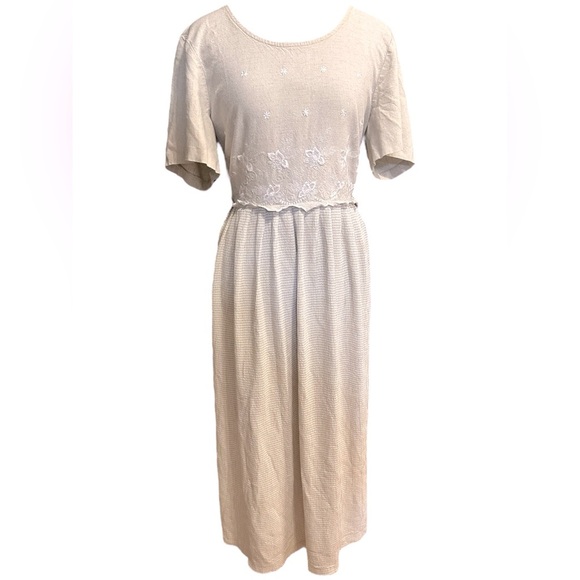 Vintage 80s ANOTHER THYME Size XL Taupe Linen Rayon Blend Maxi Sundress Tie Back - Picture 1 of 8